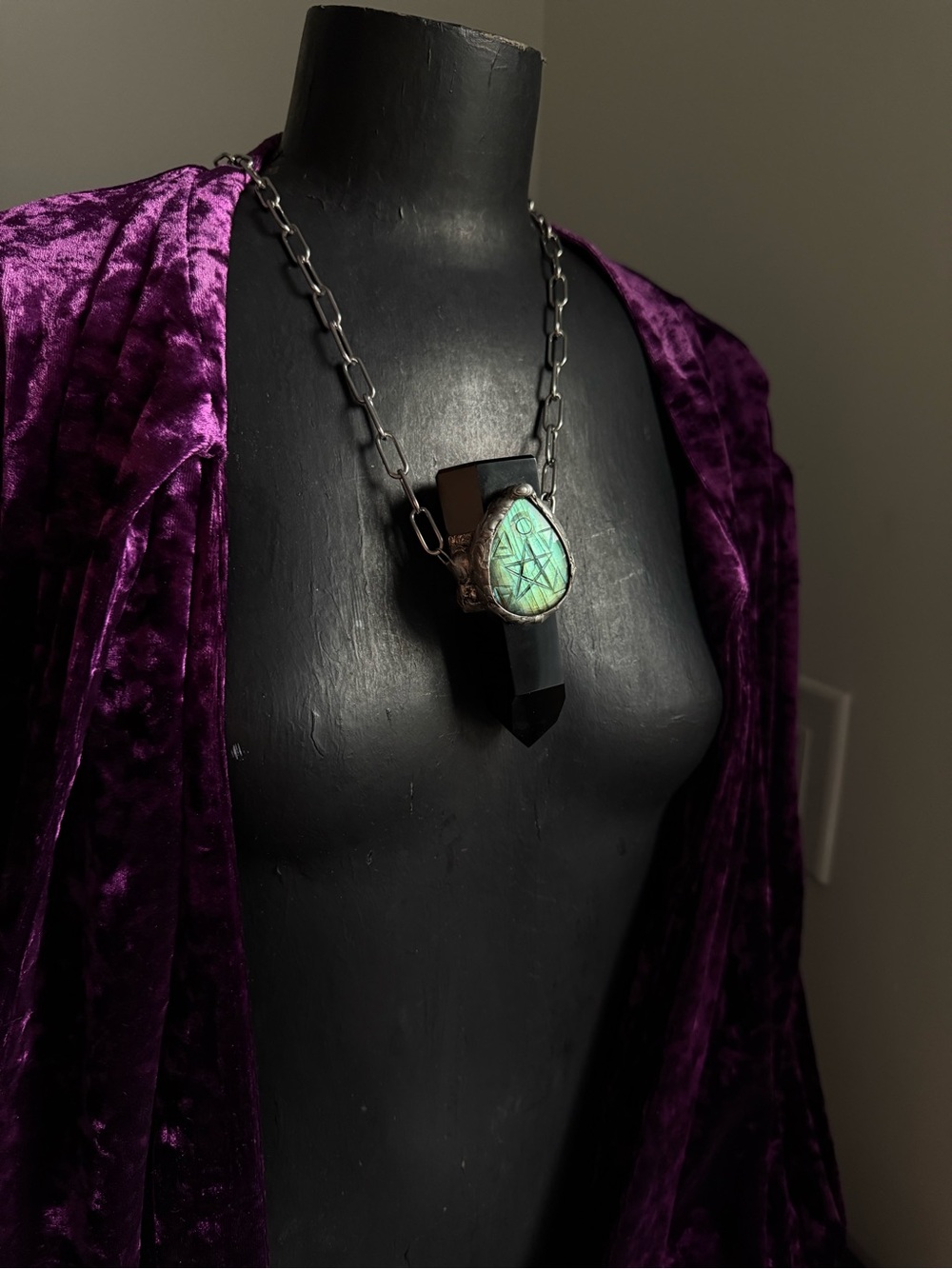 Obsidian labradorite statement necklace talisman pendant southern gothic jewelry